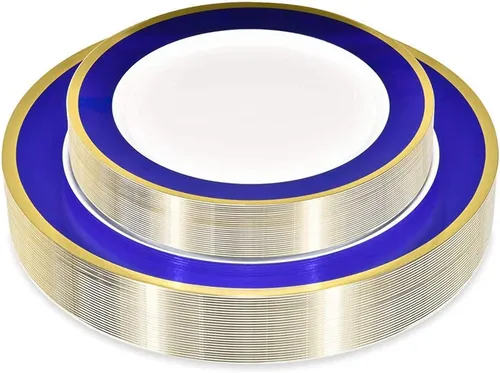 Blue and Gold Rim Plastic Plates 