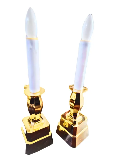 Gold Candle Holder and Tapered Candle - Battery Operated and Child Friendly Plastic