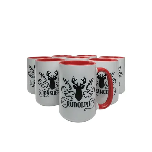 Reindeer Mugs - Various Sizes - White/Black/Red - Ceramic - Red Inside