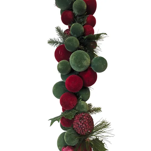  Smalls - Balled Velvet Garland w Holly Berry - 6' - Green/Red 