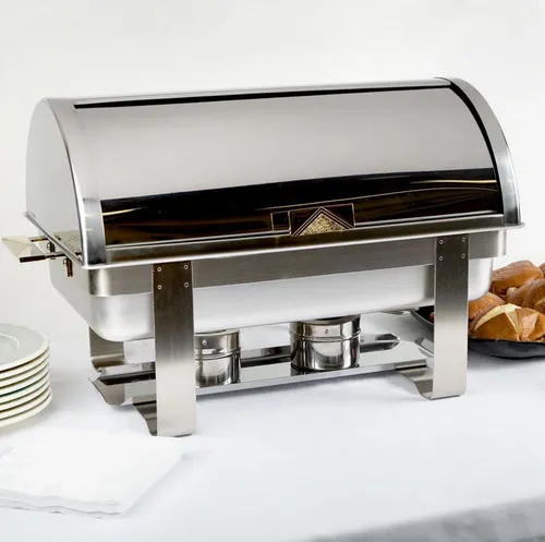 Party Rental Roll Top Gold Accent Chaffing Dish 8 Qt. Full Size Gold Accent Roll Top Chafer