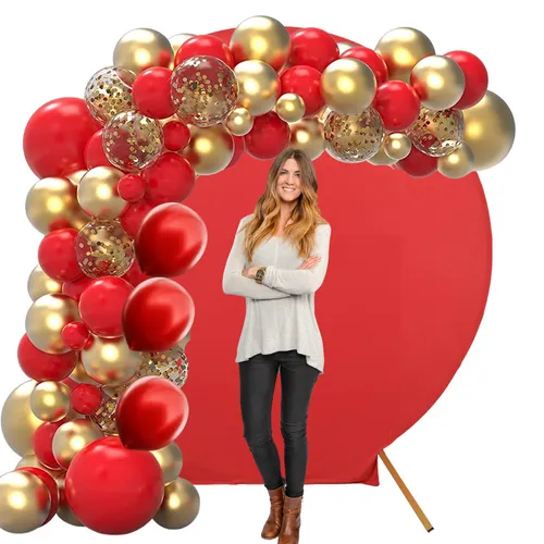 Party Rental Balloon Arch Styling with Round Arch Backdrop (Red & Gold) - 3Day Rental Red and Gold