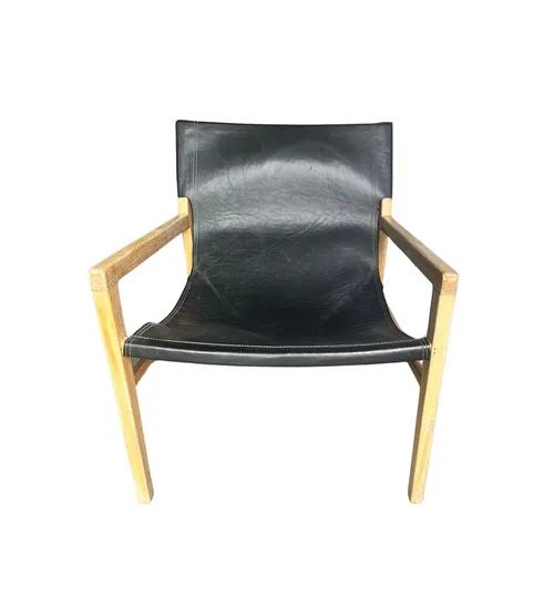 Black Leather Sling Accent Chair with Wood Frame