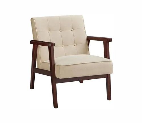 Dark Wood Arm Chair with Beige Tufted Cushions